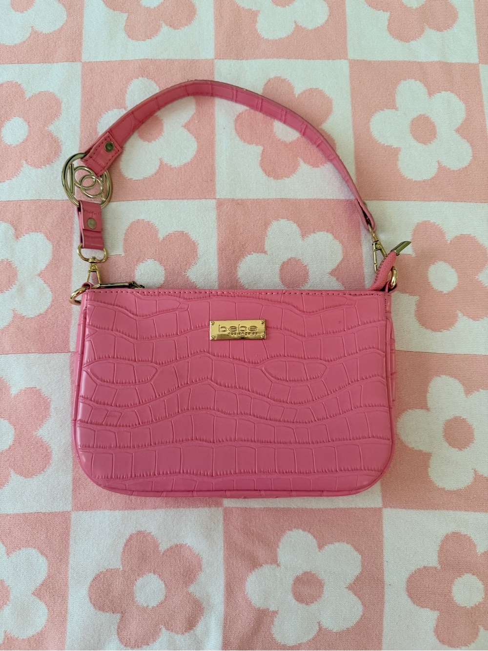 bebe Hot Pink Croc-Embossed Mini Shoulder Bag with Gold Hardware